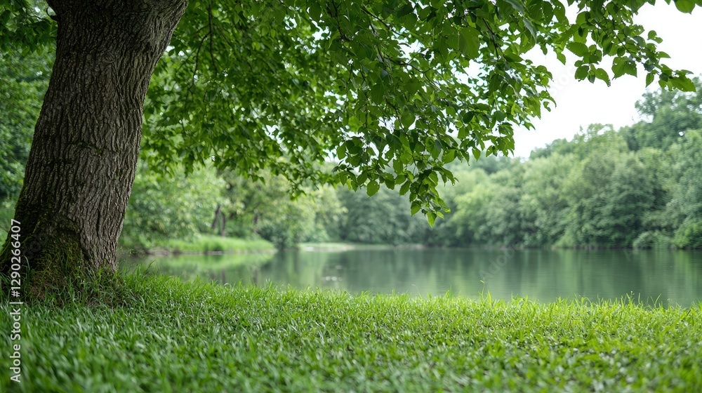 Fototapeta premium Tranquil lake scene, lush green trees, calm waters, idyllic park