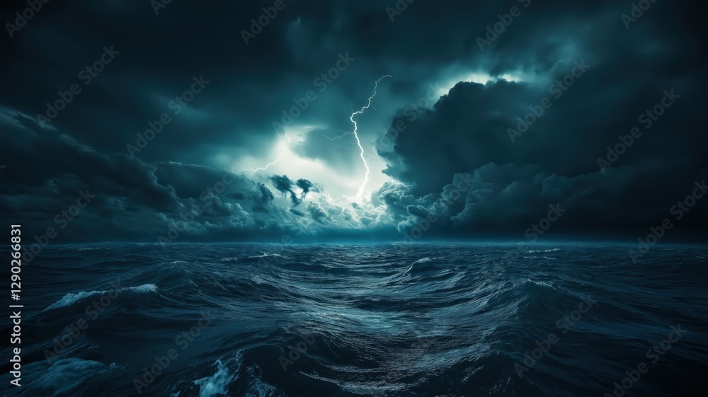 Fototapeta premium dark and stormy ocean with lightning in the distance