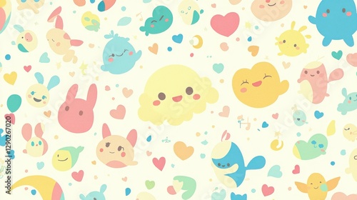 Cute and Colorful Cartoon Characters on Soft Background Pattern
