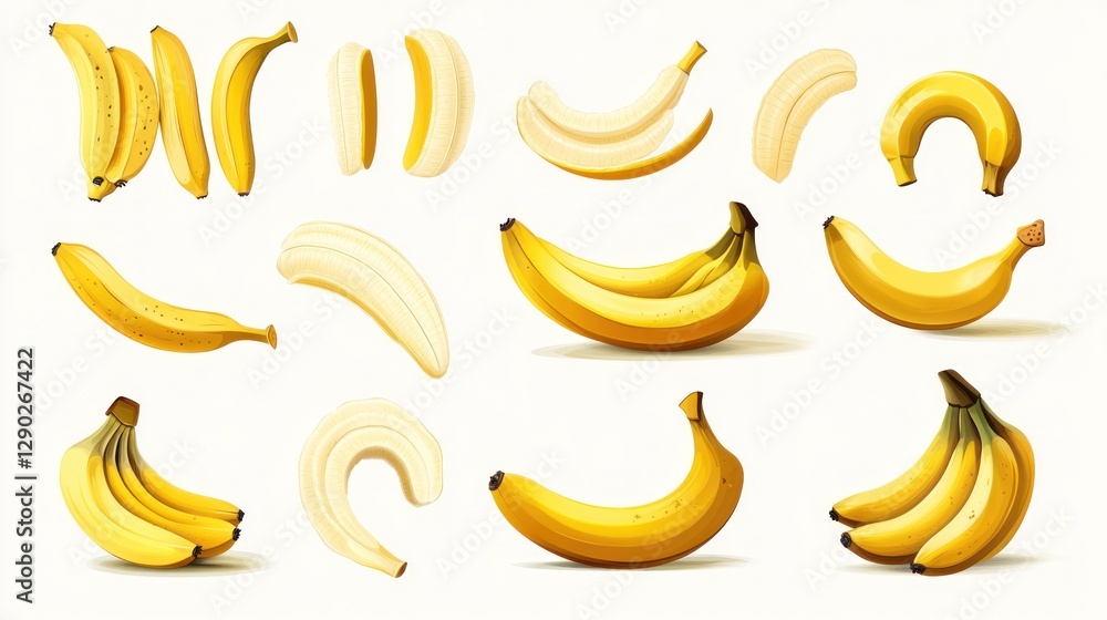 Variety of yellow bananas on a white surface whole, peeled, sliced for healthy eating Variety of yellow bananas on a white surface whole, peeled, sliced for healthy eating