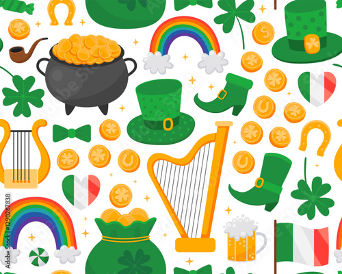 Seamless pattern with illustrations for Saint Patrick's day, white background. Clover leaf, rainbow, cauldron, gold coin, harp, beer. Symbols of luck. Print for paper, textile.