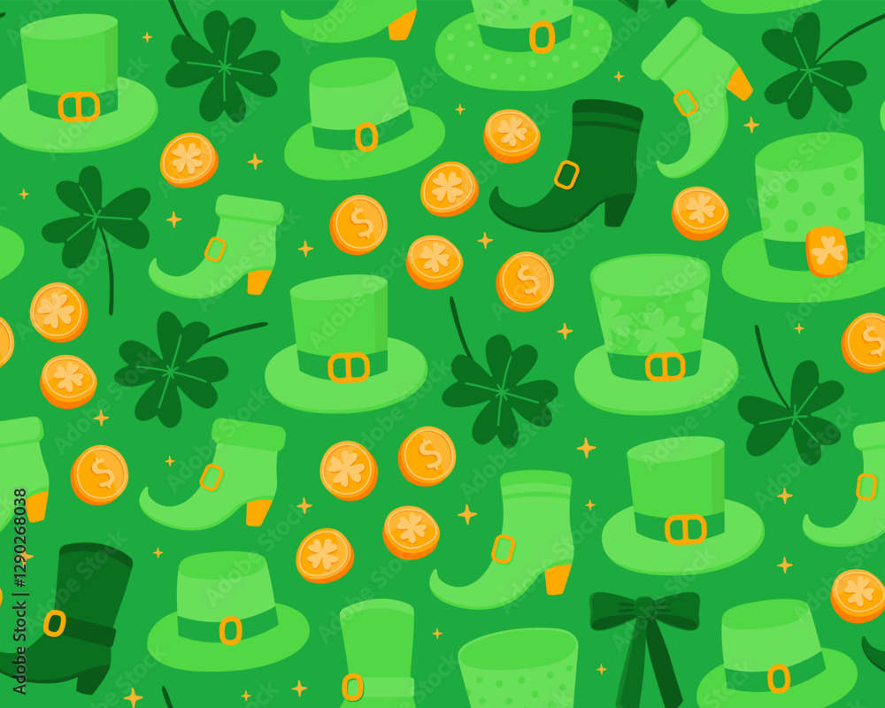 Seamless pattern with illustrations for Saint Patrick's day. Bowler hats, boots, clover leaves and gold coins on a green background. Symbols of luck. Print for paper, textile. Seamless pattern with illustrations for Saint Patrick's day. Bowler hats, boots, clover leaves and gold coins on a green background. Symbols of luck. Print for paper, textile.