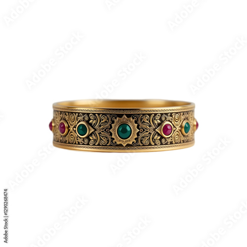 Ornate Gold Bracelet with Green & Red Gemstones