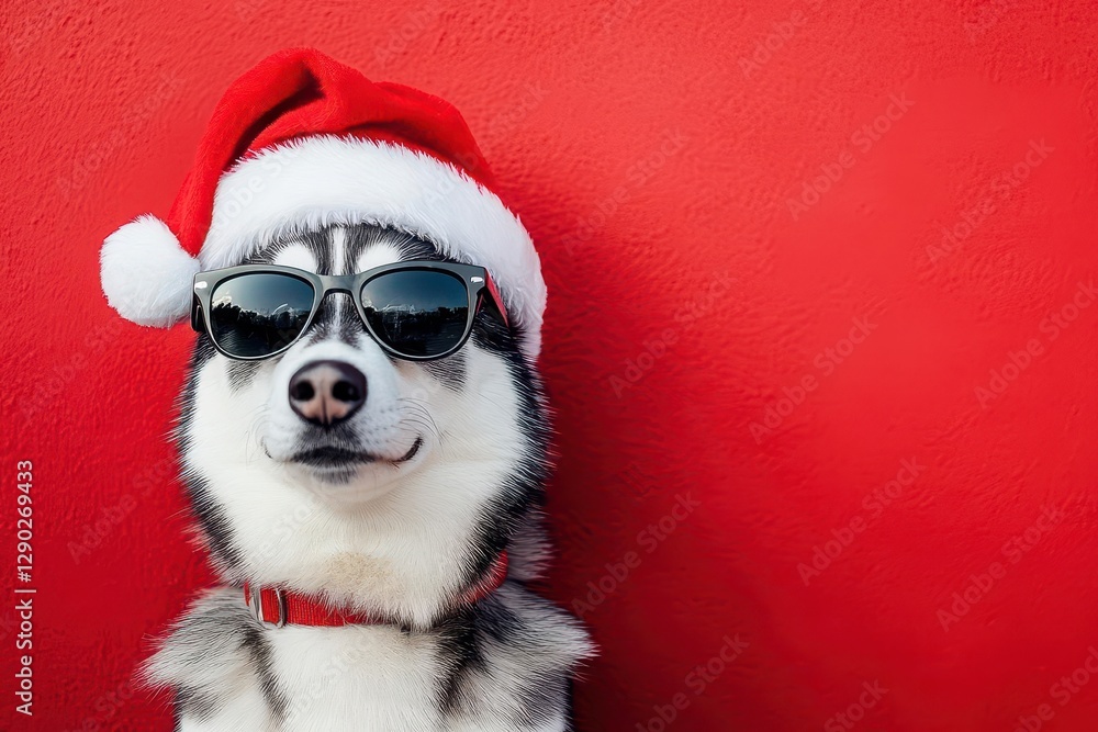 whimsical holiday portrait of a cool husky dog wearing sunglasses and santa hat, posing confidently against vibrant red background whimsical holiday portrait of a cool husky dog wearing sunglasses and santa hat, posing confidently against vibrant red background