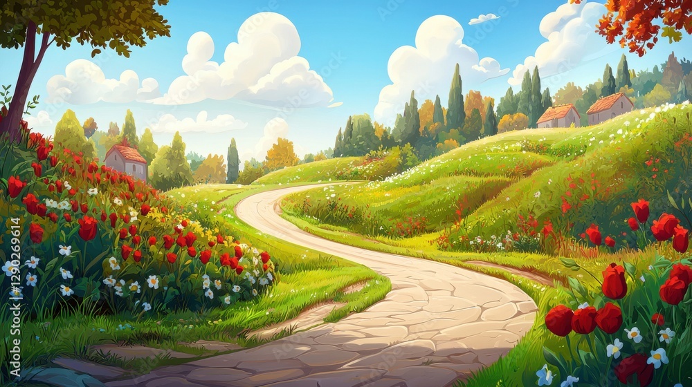 Obraz premium Serene Pathway Through Colorful Garden in Lush Landscape