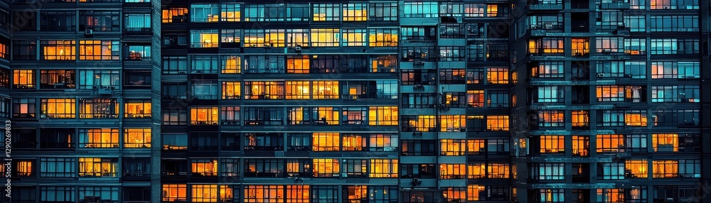 Night view of a modern building with illuminated windows creating a vibrant urban atmosphere. Night view of a modern building with illuminated windows creating a vibrant urban atmosphere.