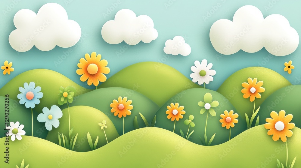 Obraz premium Colorful Spring Landscape with Flowers and Soft Clouds in Background