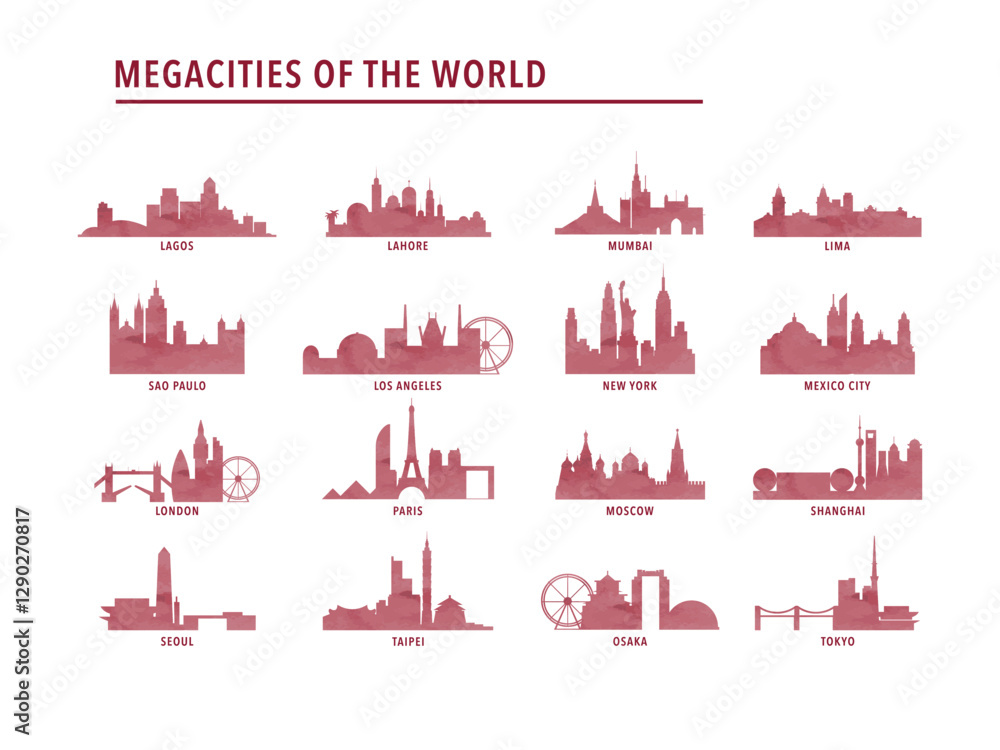 Megacities watercolor logos, icons with skylines of Lagos, Lahore, Lima, London, Los Angeles, Mexico, Moscow, Mumbai, New York, Osaka, Paris, Sao Paulo, Seoul, Shanghai, Taipei, Tokyo Megacities watercolor logos, icons with skylines of Lagos, Lahore, Lima, London, Los Angeles, Mexico, Moscow, Mumbai, New York, Osaka, Paris, Sao Paulo, Seoul, Shanghai, Taipei, Tokyo