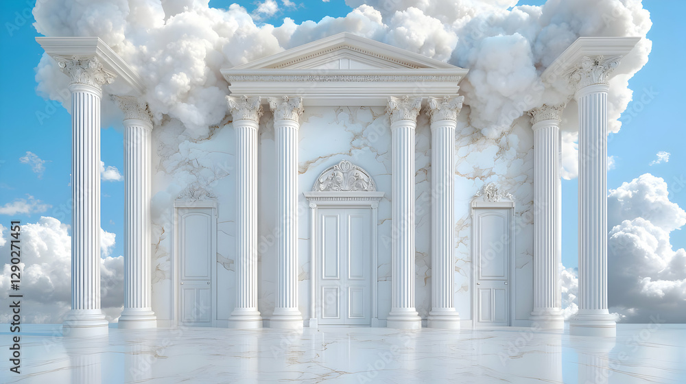 Fototapeta premium Marble temple cloudscape; ethereal doors, serene sky