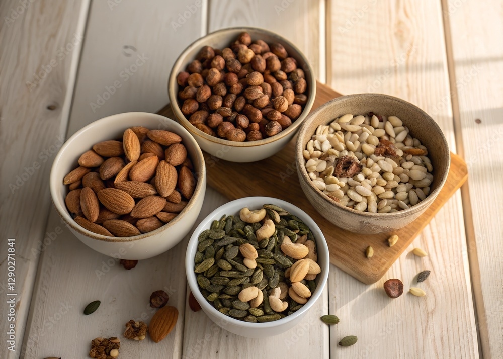 Four bowls of seeds and nuts on wooden table Four bowls of seeds and nuts on wooden table