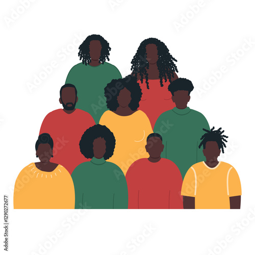 Black People Group. Crowd of People. Black History Month Colors. Stronger Together Concept. Solidarity of Different Men and Women. Different Human Silhouettes. Vector illustration