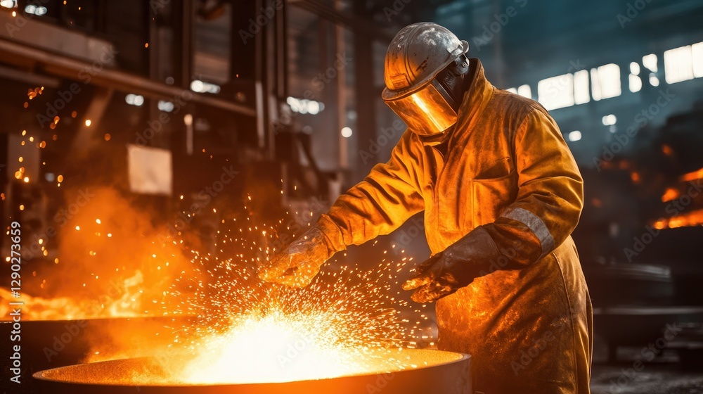 A foundry worker in safety gear handling molten metal as bright orange flames light up the factory A foundry worker in safety gear handling molten metal as bright orange flames light up the factory