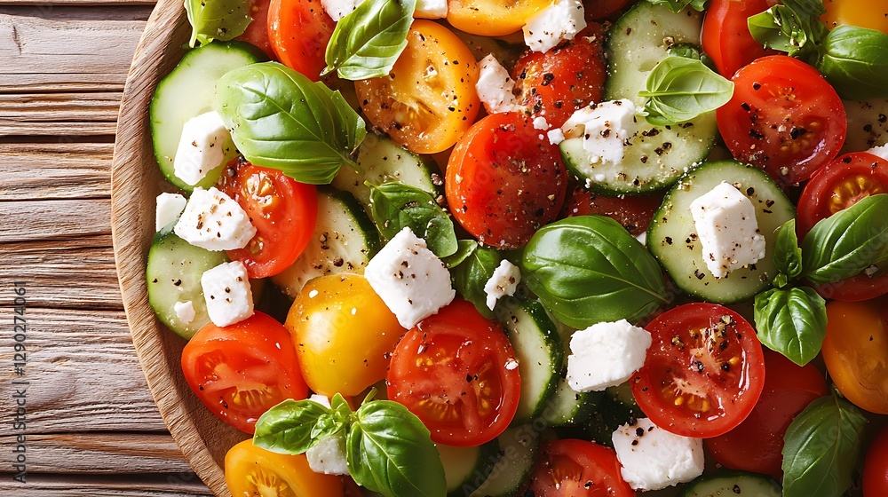 Fresh salad, wood table, summer Fresh salad, wood table, summer