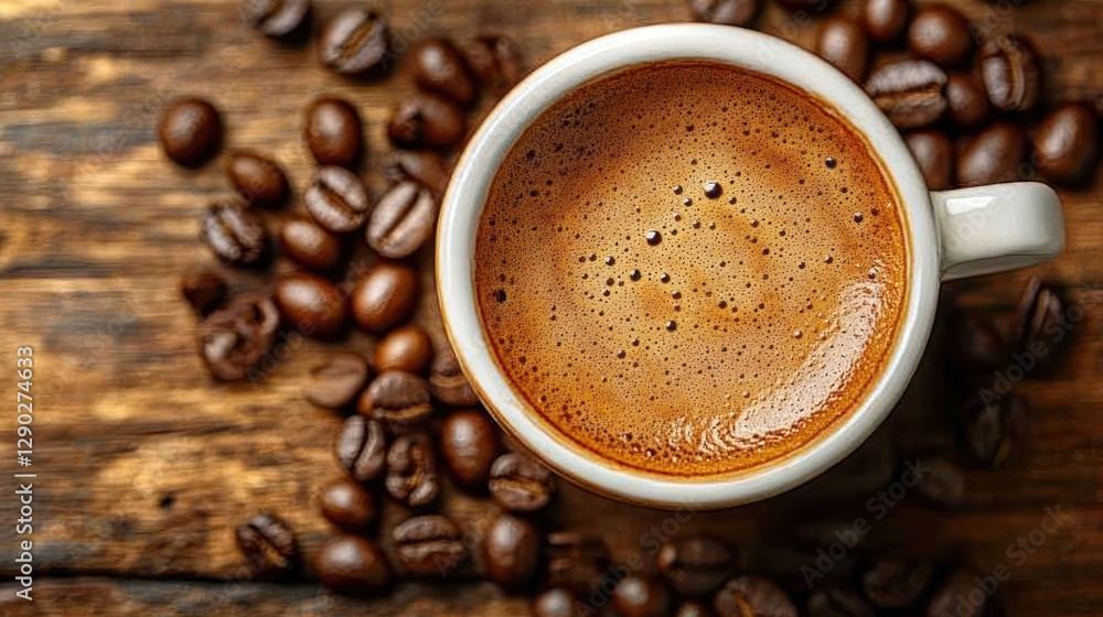 Espresso in white cup, coffee beans on rustic wooden table Espresso in white cup, coffee beans on rustic wooden table