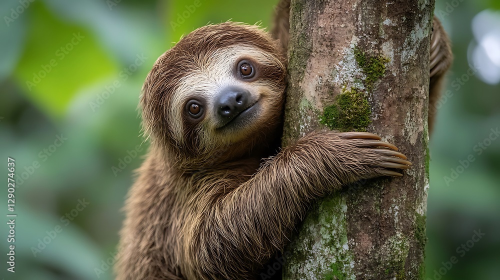 Naklejka premium Sloth hugging tree, rainforest