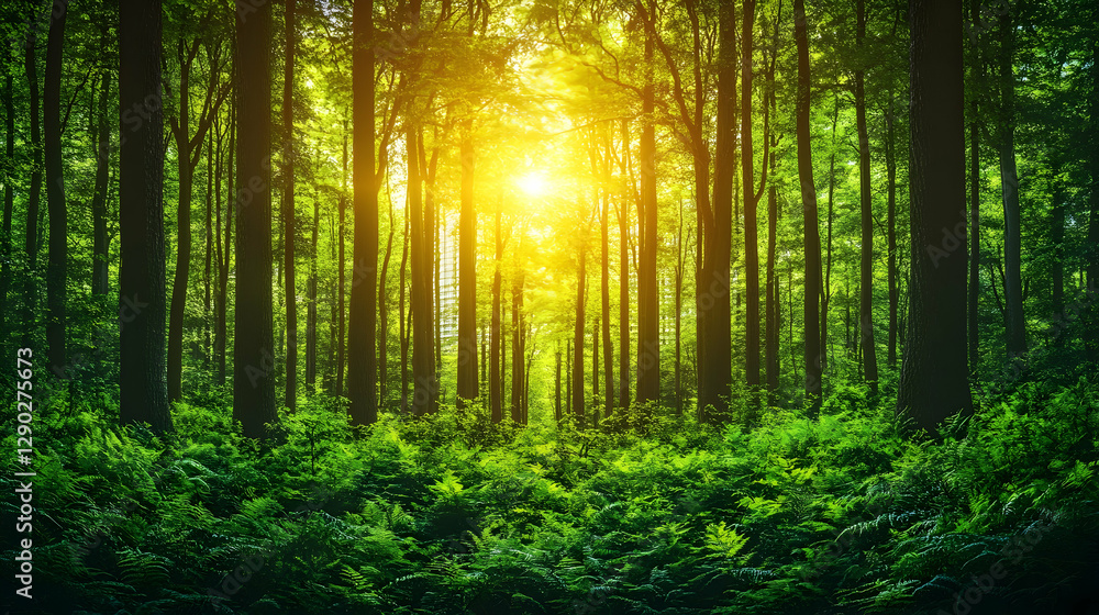 Obraz premium Sunlight streams through lush forest floor