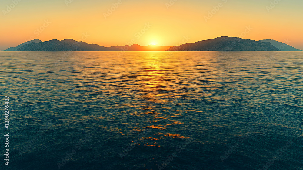 Obraz premium Sunrise over calm ocean, distant mountains