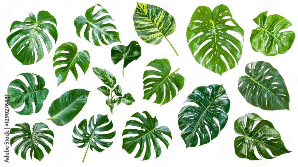 Collection of Lush Green Monstera and Philodendron Leaves Isolated on White Background Collection of Lush Green Monstera and Philodendron Leaves Isolated on White Background