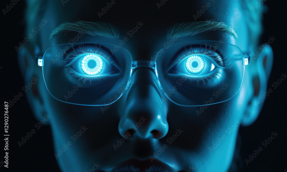 Glowing Cyber Eyes Woman Glasses AI - Cyberpunk and Futuristic the. Glowing Cyber Eyes Woman Glasses AI - Cyberpunk and Futuristic the.