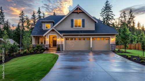 An inviting suburban home with a garage and a long, well-paved driveway leading to the entrance
