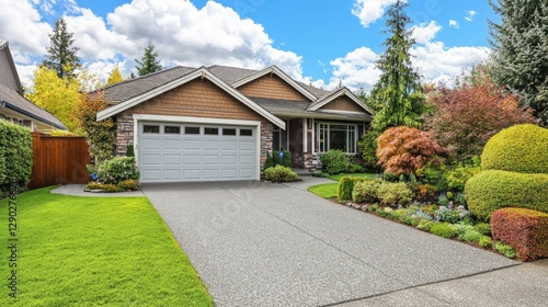 An inviting suburban home with a garage and a long, well-paved driveway leading to the entrance