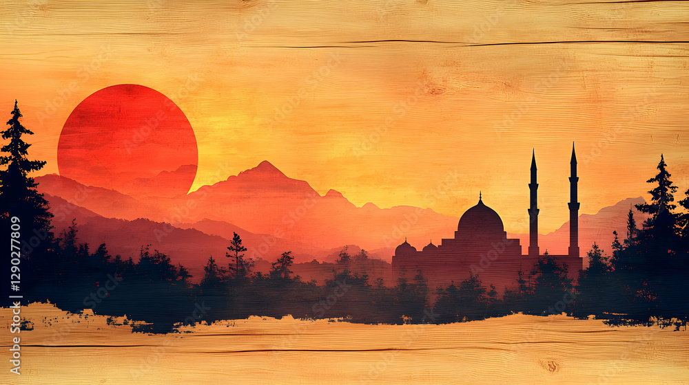 Obraz premium Sunset Mosque Mountains Silhouette