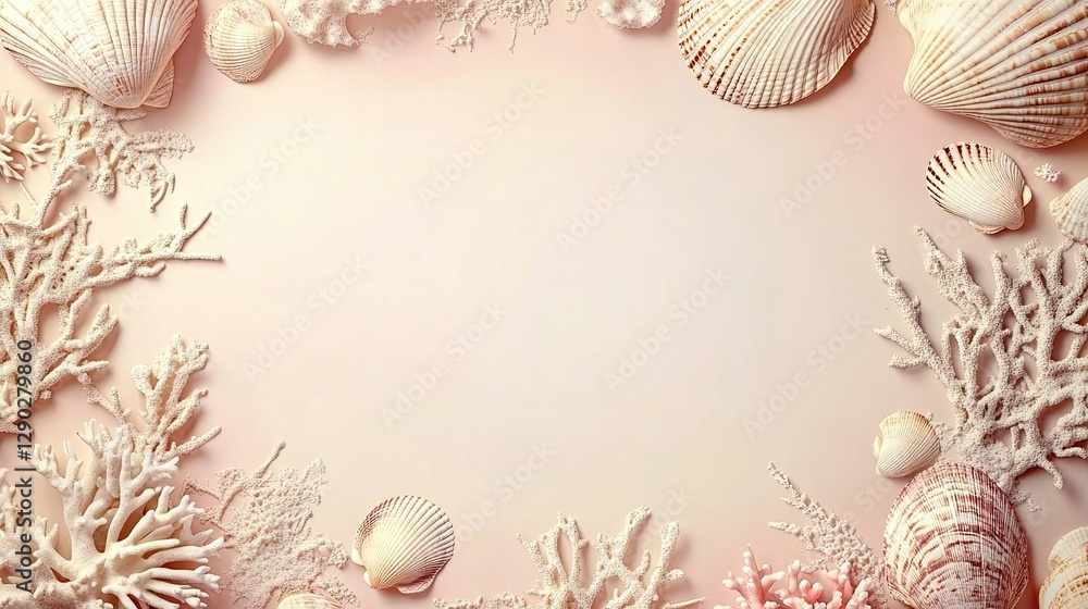 blank label with a frame consisting of retro sea shell and coral illustrations against a pastel colored summer / beach gradient background blank label with a frame consisting of retro sea shell and coral illustrations against a pastel colored summer / beach gradient background