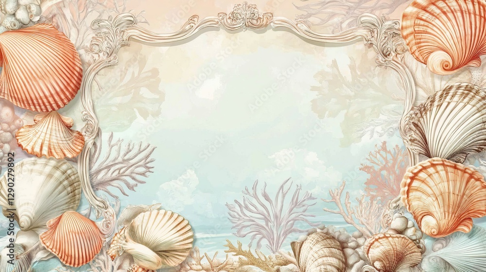 blank label with a frame consisting of retro sea shell and coral illustrations against a pastel colored summer / beach gradient background blank label with a frame consisting of retro sea shell and coral illustrations against a pastel colored summer / beach gradient background