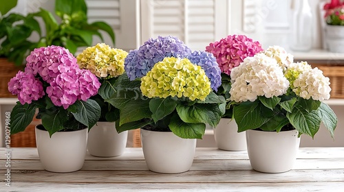 Wallpaper Mural Colorful hydrangeas in pots, indoor setting Torontodigital.ca
