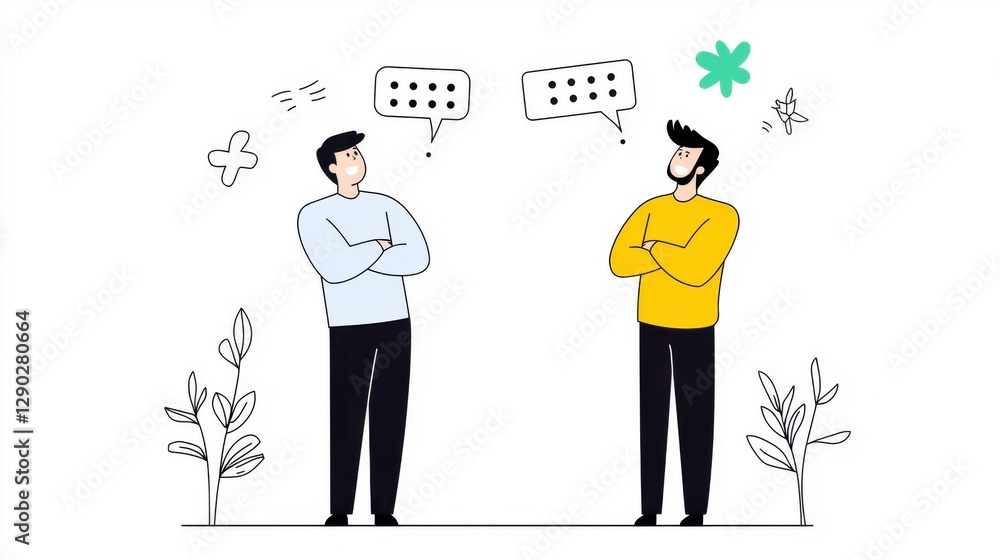 Customer Satisfaction Perception. Two individuals engaging in conversation with speech bubbles. Customer Satisfaction Perception. Two individuals engaging in conversation with speech bubbles.
