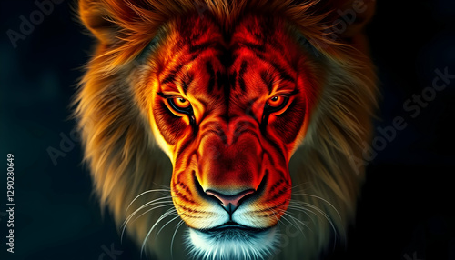 Majestic Lion Face Close Up with Intense Stare and Fiery Hues photo