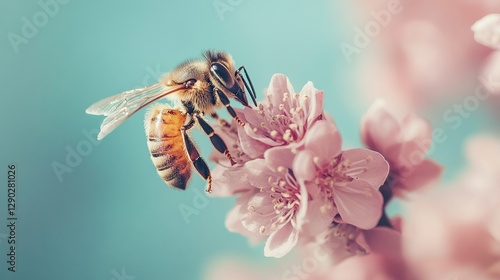 closeup of a honey bee sitting on a pink flower in the garden working and collecting pollen, soft blurred teal background, shallow depth of field,