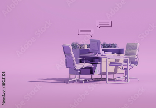Minimal Office Desk with bubble talk in Pastel purple pink Trend color 2025. Stylish Workplace, Teamwork. Mockup Template, 3D Rendering.