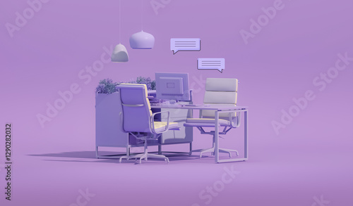 Minimal Office Desk with bubble talk in Pastel purple pink Trend color 2025. Stylish Workplace, Teamwork. Mockup Template, 3D Rendering.