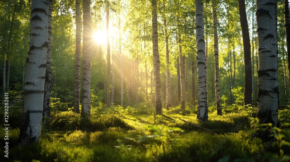 Obraz premium Birch forest background sunlight outdoors scenery.
