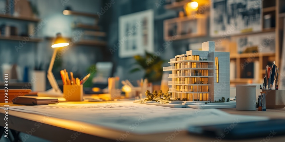 Fototapeta premium Architectural model of a modern residential building illuminating an architect's desk