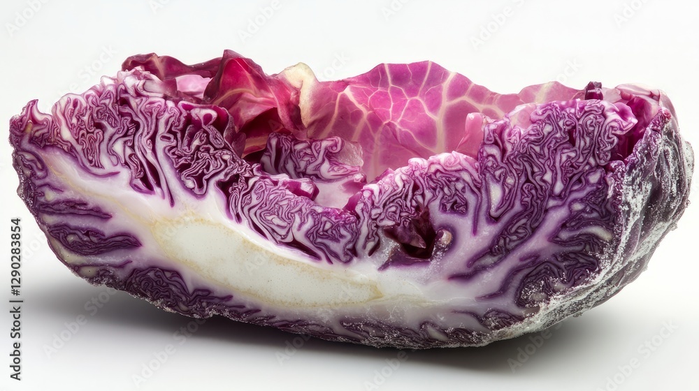 Obraz premium A crisp slice of red cabbage, intricate purple and white textures, isolated on white 