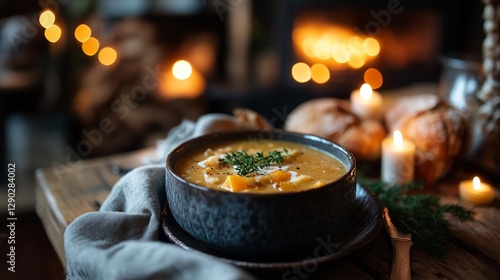 Fototapeta Naklejka Na Ścianę i Meble -  Warm Autumnal Creamy Pumpkin Soup Bowl Cozy Home Fireplace Candles Rustic Wooden Table Delicious Fall Food Comforting Dinner Recipe Seasonal Food     