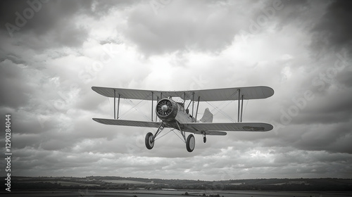 Vintage biplane in flight over countryside