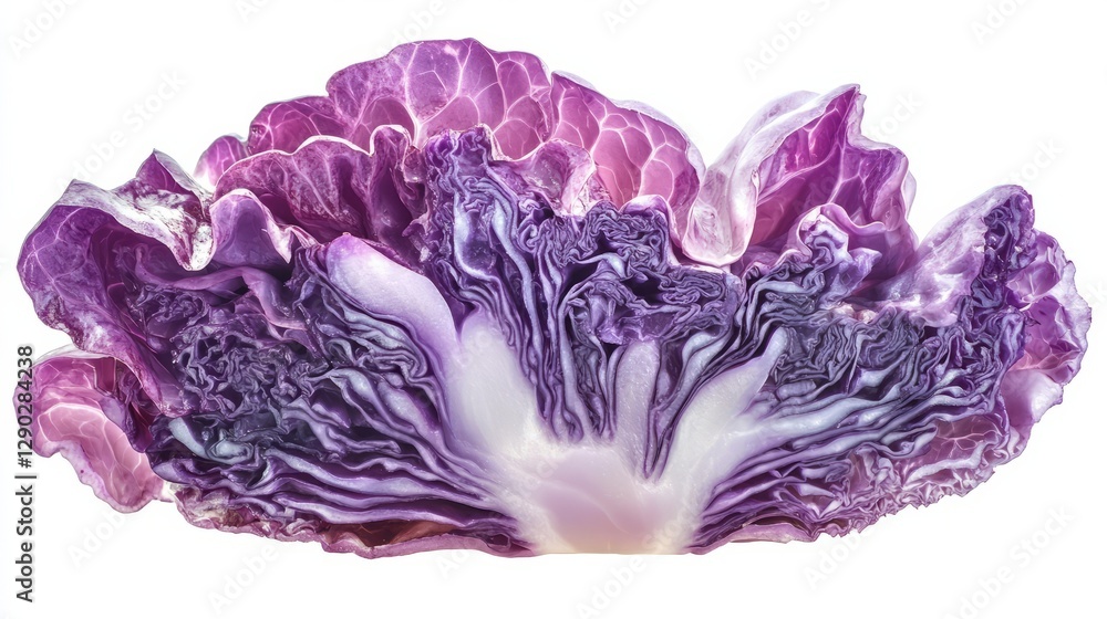 Obraz premium A crisp slice of red cabbage, intricate purple and white textures, isolated on white 