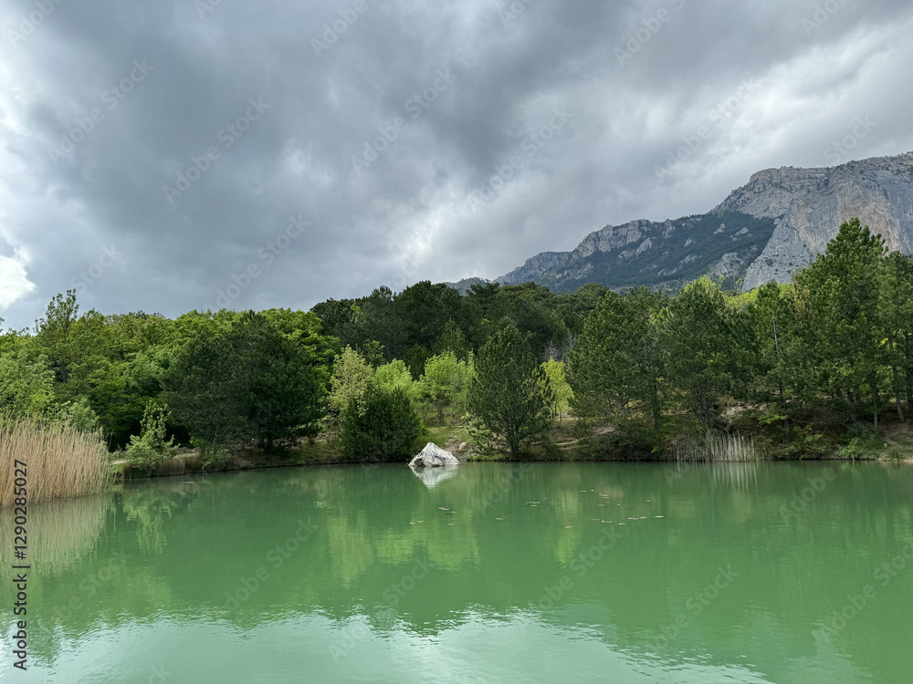 Obraz premium mountain lake and green forest beautiful landscape