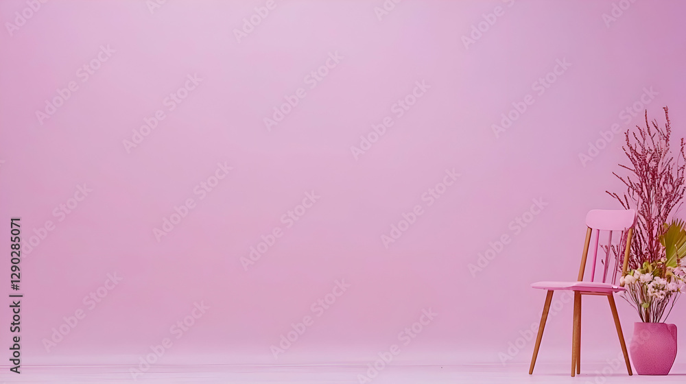 Obraz premium Pink Chair and Plant in Minimalist Room Setting