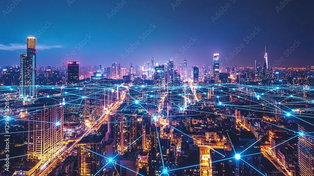 custom made wallpaper toronto digitalNight cityscape with glowing network connections.