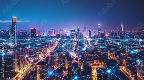 Wallpaper Mural Night cityscape with glowing network connections. Torontodigital.ca