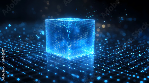 Blue glowing cube surrounded by a particle grid