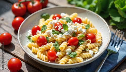 Wallpaper Mural Fusilli pasta salad with feta cheese and cherry tomatoes in a bright outdoor setting Torontodigital.ca