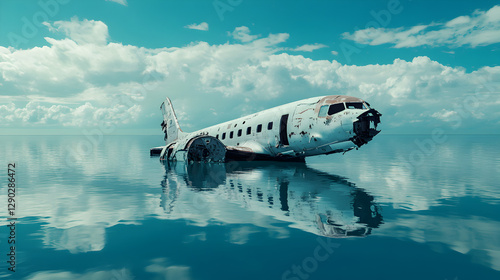 airplane resting in the middle of a calm ocean, its reflection showing an intact version in the sky 