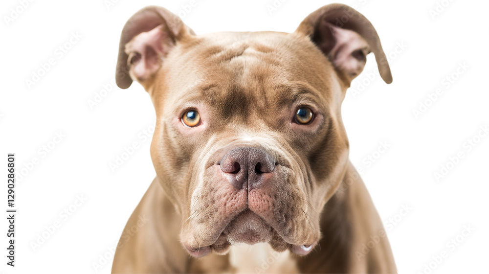 Fototapeta premium Close-up portrait of a pit bull dog with expressive eyes against a neutral background