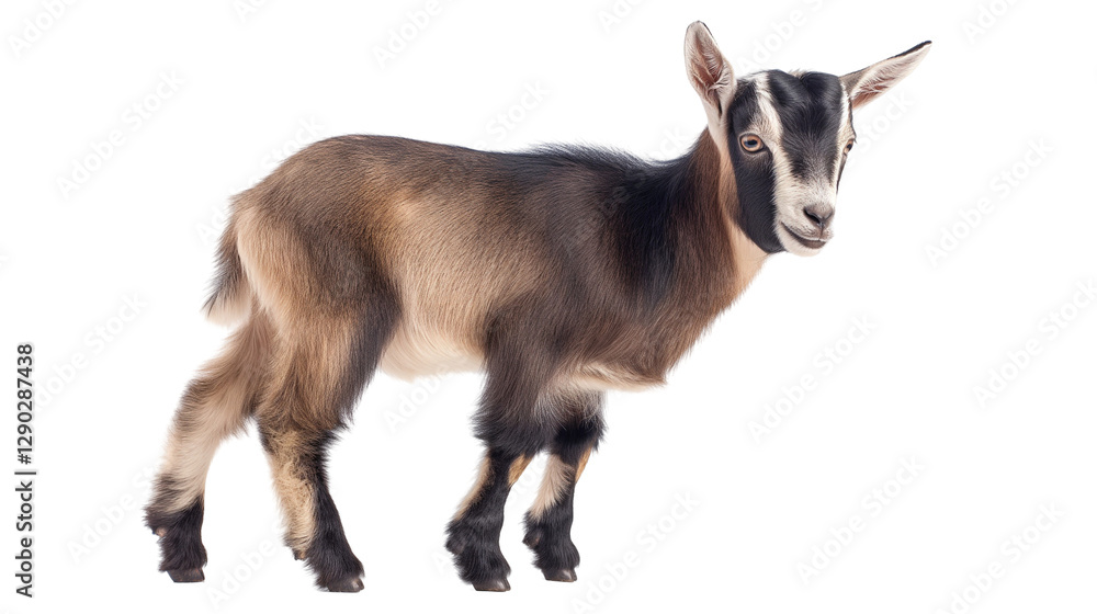 Fototapeta premium Young goat standing on a white background, showcasing its playful nature and features