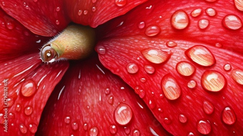Detailed close-up of a vibrant red flower petal with water droplets, botanical illustration